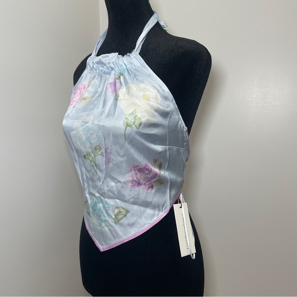 NEW! LoveShackFancy- Hollison Floral Scarf Top Amarillo Sky Blue Halter Size 8 - Picture 4 of 7